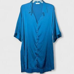 Ekouaer Teal Blue Button Down Quarter Length Sleeve Sleep Shirt Dress - Size XXL